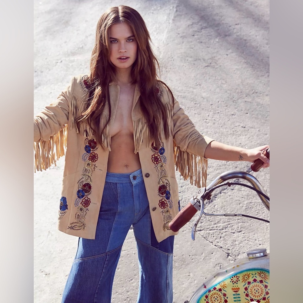 RARE Free People Vintage Sydney Fringed Beaded Suede Jacket - Tan